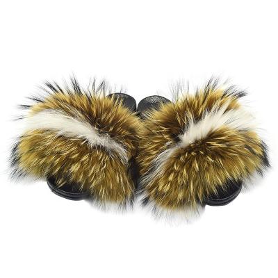 China Anti-odor New Design Unique Multi Colors PVC Fur Bed Slippers Raccoon Fur Slippers Sliders for sale