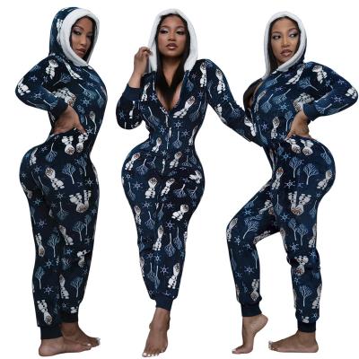 China New Arrivals QUICK DRY Winter Christmas Printing Home Wear V-neck Warm Hooded Overalls for sale