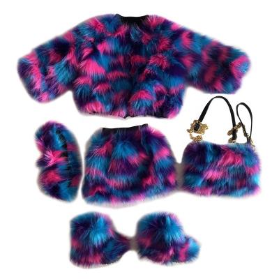 China 2020 Fashion Winter Girl Viable Furry Plush Coats Mix Color Kids Faux Fur Jackets Matching Color Skirt And Boots for sale