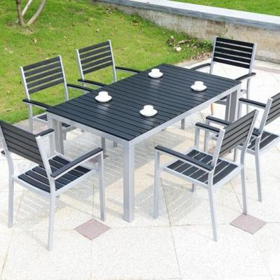 China Poolside Plastic Wood Furniture Aluminum Frame Dining Table and Chairs for Courtyard Garden Set for sale