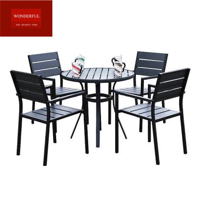 China Modern Plastic Wood 4 Seater Table Set 5PCS Wooden Garden Furniture for Outdoor Dining for sale