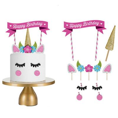 China Unicorn Cake Topper Reusable Unicorn paper horn ears and eyelashes party cupcake decoration set for wedding birthday party for sale