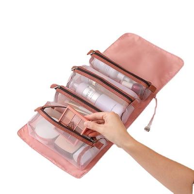 China Fashion ins detachable 4 pcs mesh zipper pouch roll up travel toiletry bag beauty makeup storage organizer nylon cosmetic bag pink for sale