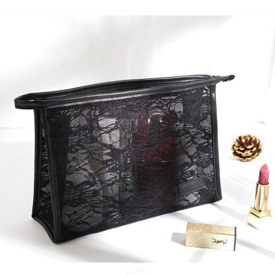 China Vanity Mesh Cosmetic Bag With Zipper Black Cosmetics Convenience Lace Makeup Small for sale