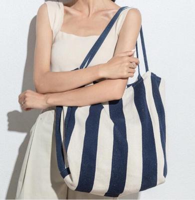 China Fashion Luxury Women Navy Strip Printing 10oz Cotton Canvas Handbag Summer Beach Waterproof Tote Bag for sale