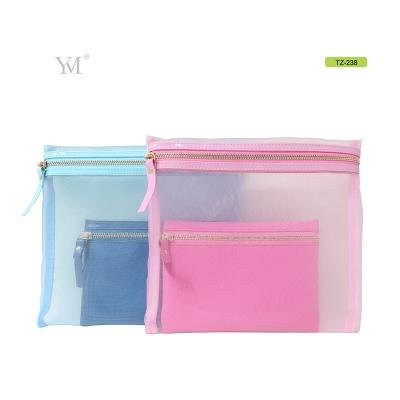 China Custom Logo Fashion Pink Mesh Makeup Cosmetic Bag With Zipper for sale