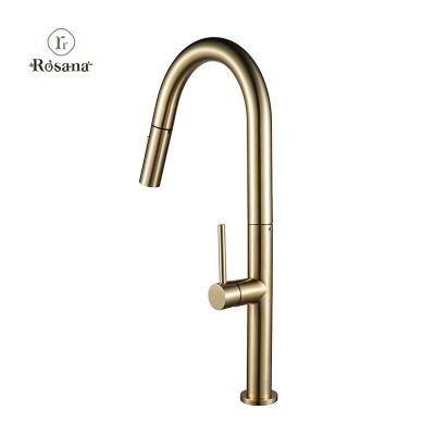 China Pull Out Spray K546 01 30 2 Rosana cUPC Champagne Gold Pull Down Sprayer Brushed Gold 304 Stainless Steel Flexible Neck Kitchen Faucet for sale