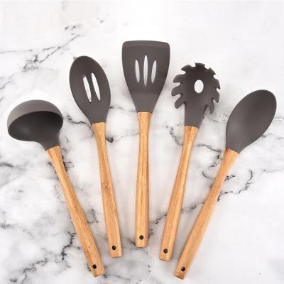 China Sustainable 5pcs Red Marble Nylon And Silicon Cooking Kitchen Utensils Set With Beech Wood Handle for sale