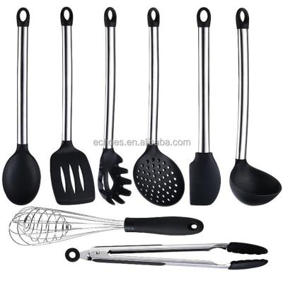 China Sustainable 8pcs Silicone Kitchen Accessories Silicone Kitchen Utensils Set With Stainless Steel Handle for sale