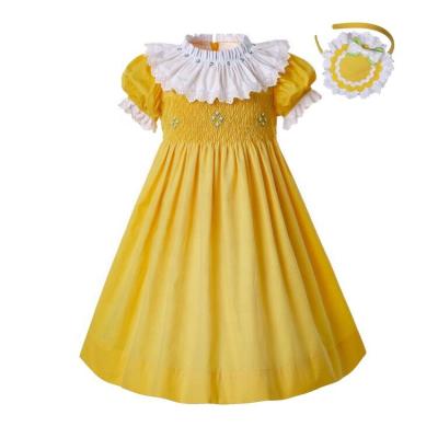 China OEM Pettigirl Breathable Summer Yellow Smocked Dressy Dresses For Toddlers Around Collar Baby Easter Smocked Girls Dress for sale