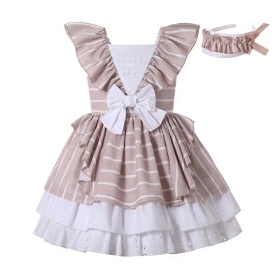 China Pettigirl 2021 new style breathable khaki casual dress for girls ruffle boutique outfits striped girl dress for sale