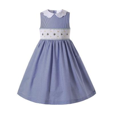 China New Design Girl Breathable Blue Striped Smocked Birthday Dress Sleeveless Pettigirl Dress With Embroidery for sale