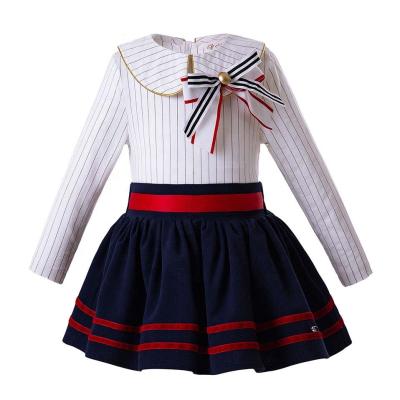 China 2021 OEM Viable Designer Pettigirl Baby Girl Dresses With Bow Burgundy Kids Fashion Long Sleeves Skirts for sale