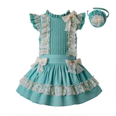 China 2021 OEM Breathable Mint Green Girls Dress Flower Cotton Shirt Lace Skirt Girls Dress Set for sale