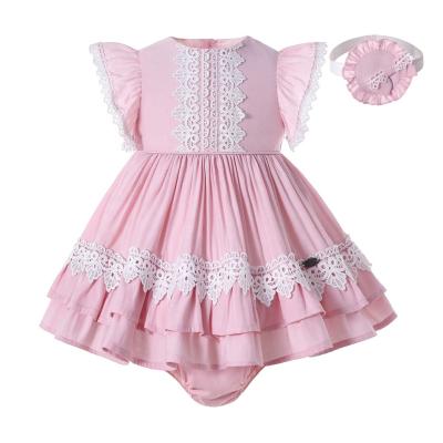 China Latest Pettigirl Sweet Baby Girl Birthday Dresses Fly To Bodysuit Pink Baby Outfits With Matching Headband for sale