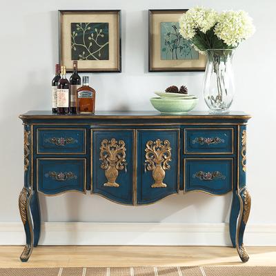 China 4-Drawers Environmental Friendly Antique Dark Blue Carved Wooden Furniture Storage Console Cabinet Bedroom Chest for sale