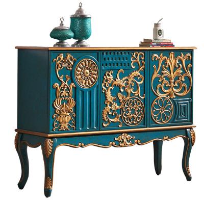 China Environmental Friendly Hand Painting Retro Style Table Control Console And Classic Exquisite Blue Wood Carved Side Lounge End Near Table for sale