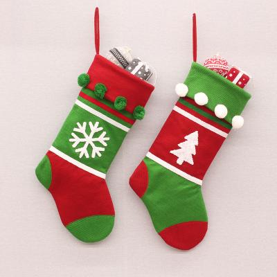 China Eco-friendly 48 cm Red and Green Polyester Wool Knitting Material Machine Embroidered Snowflake Pattern Christmas Socks Gift Bag for sale