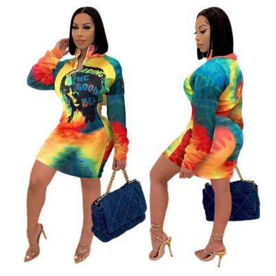 China Latest Design Antistatic Women Fashion Clothes Ladies Tie Dye Antistatic Print Dresses Womens Long Sleeve Casual Dress 2021 for sale