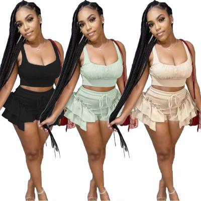 China Latest Design MD-20031013 Breathable Breathable 2 Piece Short Set Women Crop Top 2021 Summer Shorts Outfits Ruffled Women Set Two Piece Clothing for sale