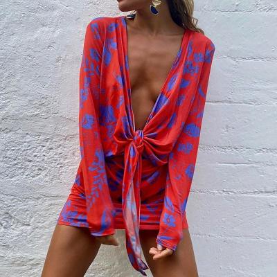 China Anti-Static Anti-static Print Dress Women V-Neck Long Sleeve Lace Up Vestidos Female Shorts Dresses Slim Hip Bag Beach Style Clothing B1549 Custom Logo for sale