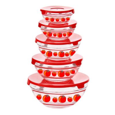 China Sustainable Decaled Printing 5pcs Round Glass Bowl Set With Colored Plastic Lid for sale