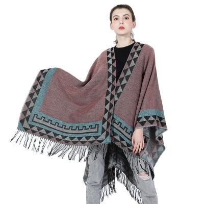 China 2022 Female Amazon Winter Hot Sale Reversible Stylish Wraps And Ponchos For Women Ruana Cape Cardigan Shawl for sale