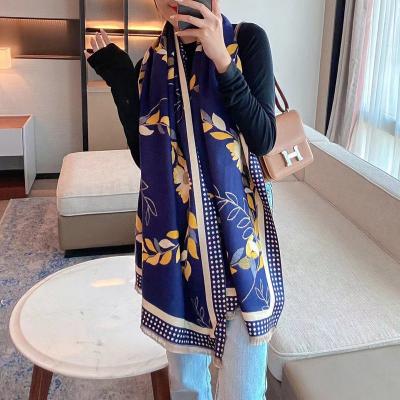 China Autumn Winter Double-Sided Cashmere Fringed Scarf European American Style Jacquard Chunky Shawl Scarf for sale