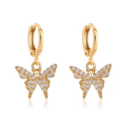 China Cute Fashion 18k Gold Plated Small Cute Butterfly Copper Crystal Butterfly Huggie Hoop Earrings Dangle Earrings for sale