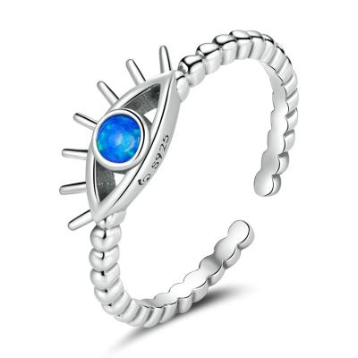 China s925 Plated Platinum Zircon Beans Hand-Polishing Sterling Silver Blue Eye Ring Opening Ring for sale