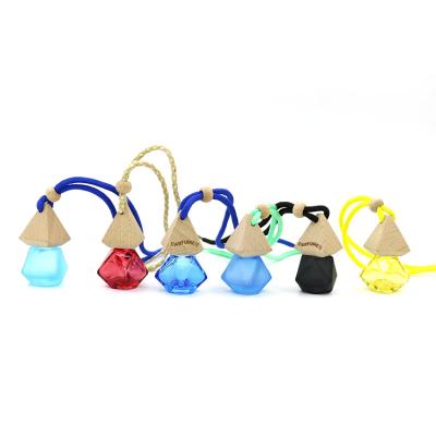 China High Qiality Glass Colorful Car Perfume Bottle With Wooden Cap And Colorful Rope Hanging for sale