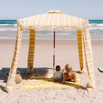 China Waterproof Best quality boho business and ple cabana stripe beach wooden UV canvas beach vintage cabana with cotton bullion fringe. for sale