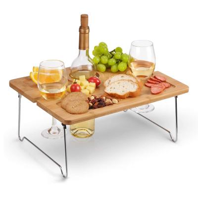 China Midcentury Outdoor Portable Picnic Table Folding Wooden Bamboo Snack Tray Wine Table with Wine Bottle Glass Holder For Camping Beach Park for sale