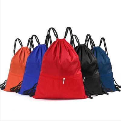 China Custom Logo 600D Polyester String Backpack Nylon Rope Handle Printing Drawstring Bag With Front Zipper Pocket for sale