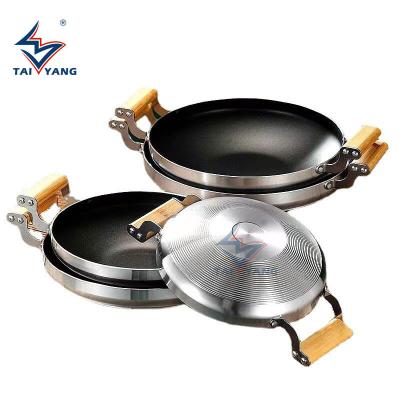 China Hot Selling Stainless Steel Non Stick Viable Hot Pan Non Stick Handle Korean Seafood Wooden Style Dry Pot for sale