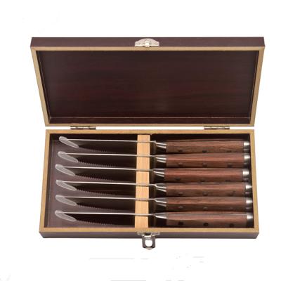 China Disposable Kitchen 6 Piece Serrated Steak Knife Set With Pakka Wood Handle In Solid Wood Box for sale