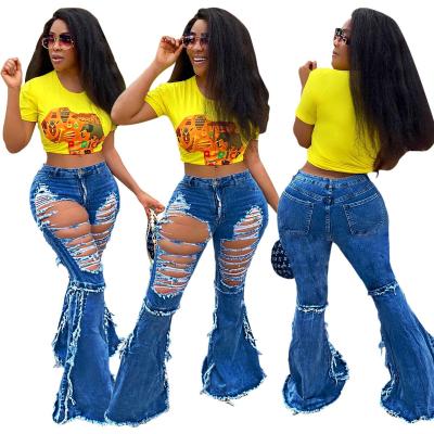 China Breathable Brushed Denim Pants Womens Casual Micro Fringed Flared Pants Womens Jeans for sale