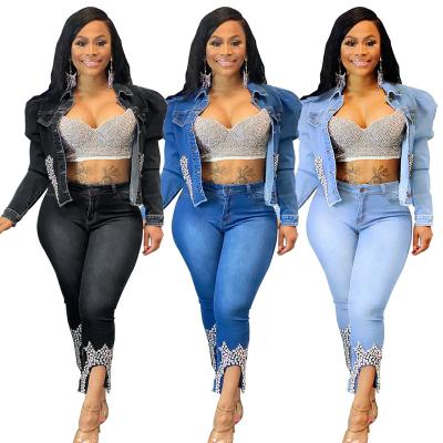 China Three-Dimensional Leisure Women's Denim Set Pearl Popular Fashion Pin Pin Breathable Clothing for sale