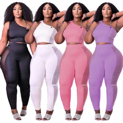 China (Include string) QUICK DRY Fashion Mesh Sports Women Two Piece Set Splice Sleeveless Dress Pants Top Set for sale