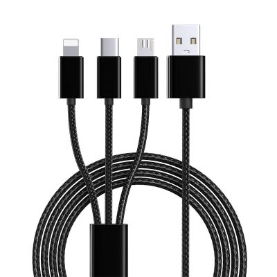 China 2.4A Fast Charging 3 in 1 Nylon Braided 1.2M Multiple USB Charging Cable with Type-C Micro USB Port Connectors for Cell Phones for sale