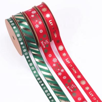 China Custom Printed Polyester Viable Red Green Snowflake PANO Ribbon Christmas Satin Ribbon for sale