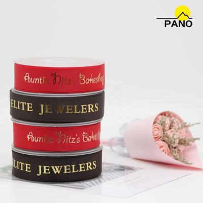 China Factory Customized 7/8 Logo Printing Emboss Gold Foil Customized PANO High Tenacity Printed Satin Grosgrain Ribbon for sale