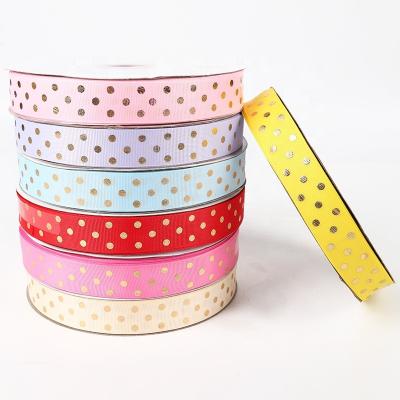 China Viable Hot Sale Polyester PANO Custom Gift Gold Foil Printed Polka Dot Grosgrain Ribbon for sale