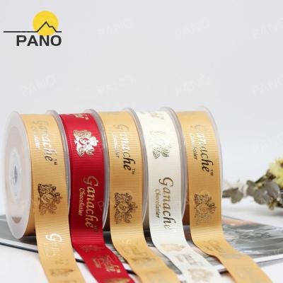 China High tenacity Custom Brand Grosgrain Custom Logo Gold foil printed grosgrain ribbon wholesale custom made with logo for sale