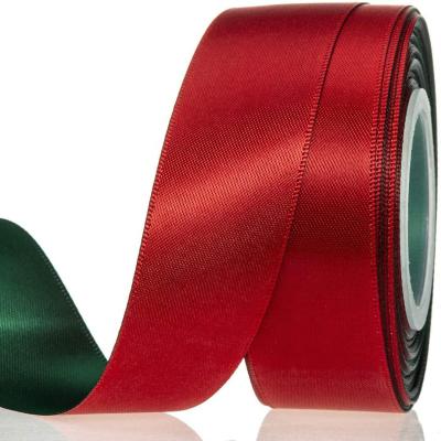 China Red And Green Two Color PANO Sustainable Polyester Printed Double Sided Satin Ribbon For Gift Wrapping for sale