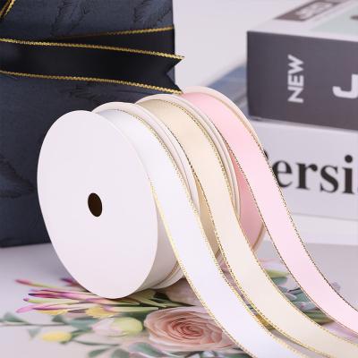 China Factory Custom Glitter PANO Gloss Gold Silver Edge Metallic 1inch 25mm Double Sided Silk Satin Ribbon For Flower Gift Wrapping for sale