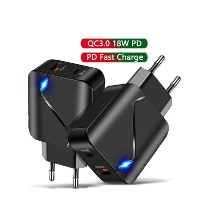 China 18W PD QC3.0 Charger Free Shipping 1 Sample OK Custom PD 18W PD EU USA Travel Wall Charger 3A USB C Dual Port Illuminated Mobile Phone Charger for sale