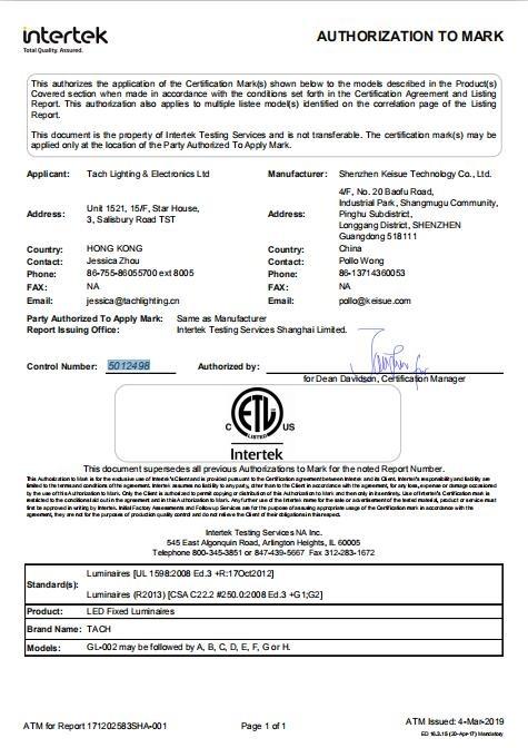 ETL - Shenzhen Tach Lighting And Electronics Ltd.