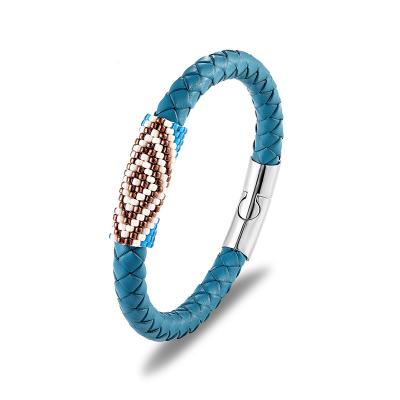 China / beautiful girl's blue leather friendship bracelet knit pearl bracelet women's fur heat hand braided jewelry from MIYUKI for sale