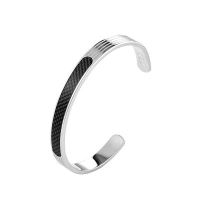 China Wholesale fashionable black carbon fiber stainless+steel+jewelry PU leather bracelet polished 316L metal steel bracelet for men and women for sale